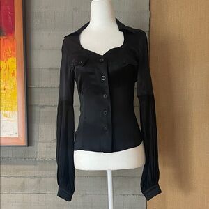 Black Button-Front Women's Satin Blouse